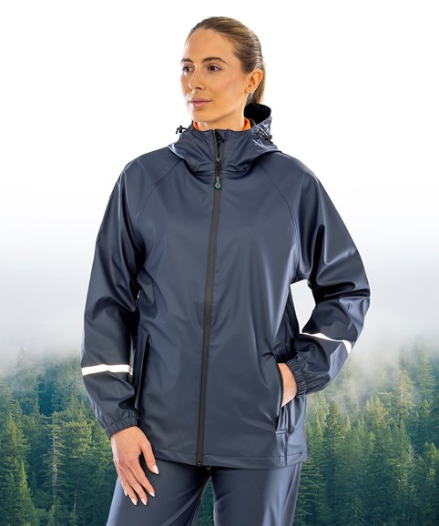 Prism PU waterproof jacket with reflective bands and recycled backing